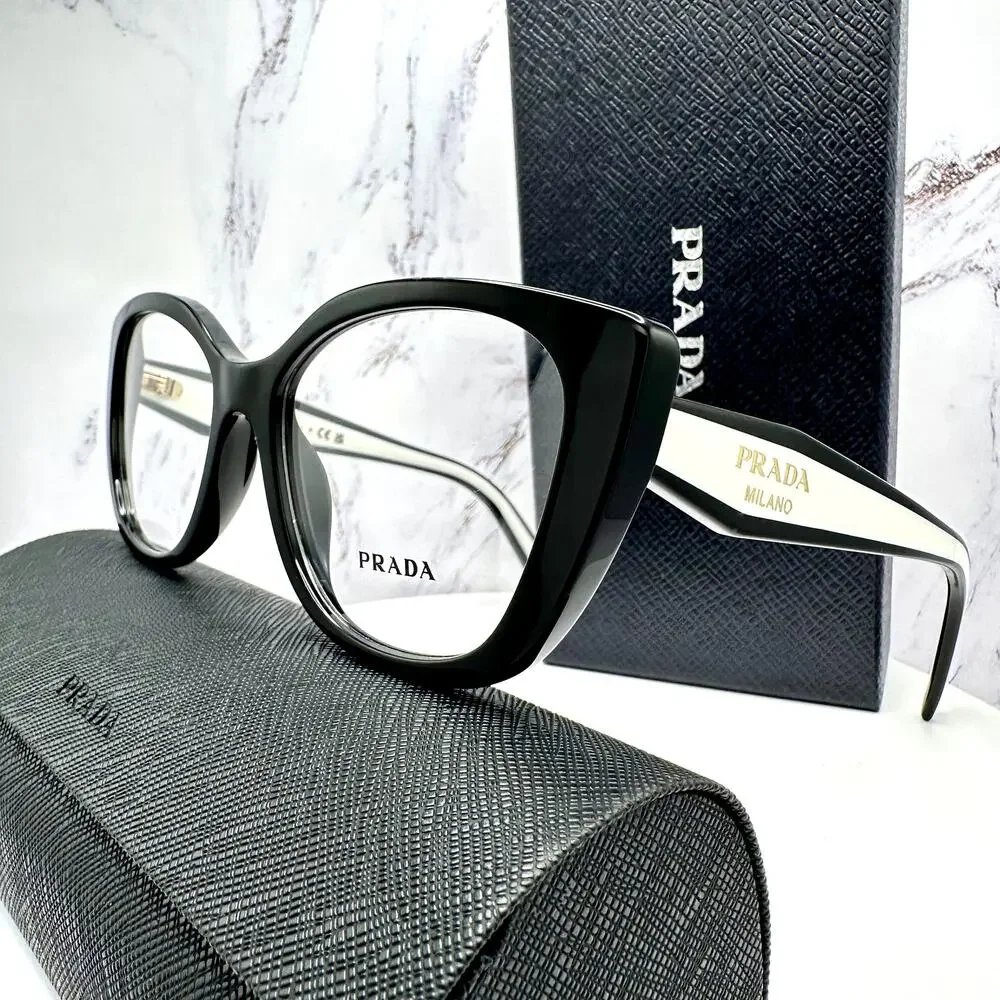 New PRADA Eyeglasses Cat Eye Black White Gold 53-17-140 Womens - Picture 8 of 16